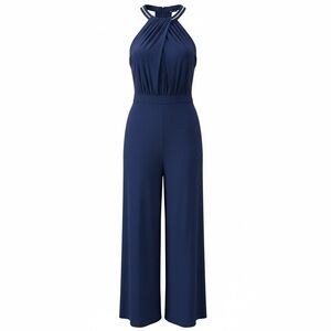 ROZ & ALI navy blue halter neck wide leg stretch jumpsuit size 16